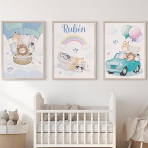 Personalized children&#39;s prints with name. Children&#39;s bedroom decoration. Pictures for babies and children&#39;s rooms. Pastel colored animals