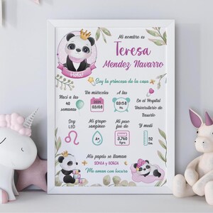 Poster di nascita digitale personalizzato Panda. Tema natale personalizzato. Decorazione per la cameretta dei bambini. Regalo di nascita
