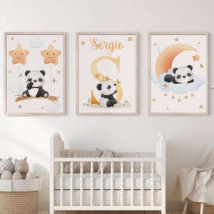 Set de 3 Láminas Infantiles Personalizadas de Panda. Cuadros Infantiles con nombre para bebé y niño. Decoración Dormitorio Bebé y niños.