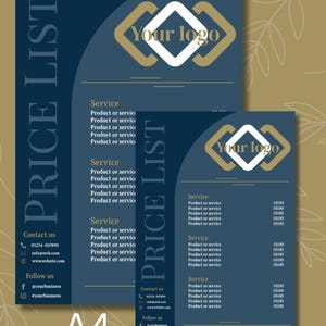 Modelo de lista de preços Canva editável Work Shop azul marinho dourado