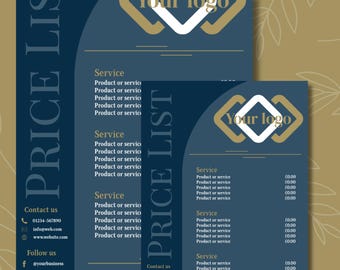 Template Price List Canva Editable Work Shop Navy Blue Gold Custom Personalise Business
