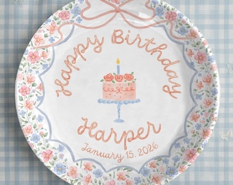 Personalized Birthday Plate for Girl, Custom Name Pink Cake Ceramic Plate, Floral Birthday Keepsake Gift for Kids, Party Decor P55NTM0