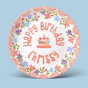 Girls Personalized First Birthday Plate – Pink Wildflowers Keepsake – Whimsical Baby Smash Cake Gift – Custom Name Plate P75GR30