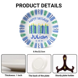 May include: A white ceramic plate with a blue and green birthday design. The plate has the text "HAPPY BIRTHDAY" and "Julian 12. 28. 25". The plate is 8.9 inches/22.5cm in diameter and 1 inch thick. Includes a plate holder.