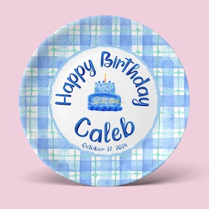 Personalized Birthday Plate for Boys, Custom Kids Plate with Name, Blue Plaid Design, Ceramic Keepsake Gift for Boys P625QCO0