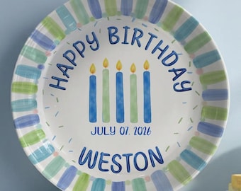 Personalized Boy Birthday Plate, Custom Name Plate, Candle Ceramic Plate, Kids Birthday Keepsake, 1st Birthday Gift, Party Decor P421YKE0