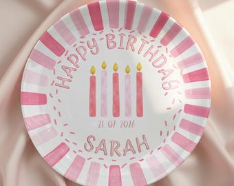 Personalized Girl Birthday Plate, Custom Name Pink Ceramic Plate, Birthday Candle Keepsake, Baby Birthday Gift, Kids Party Decor P318TQK0