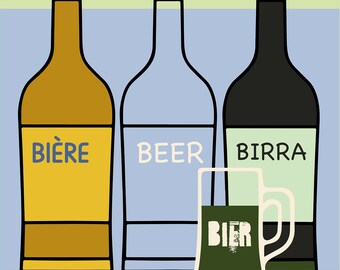 May include: A graphic illustration featuring three stylized bottles and a beer mug. The left bottle is yellow with the text BIÈRE, the center is outlined in blue with the text BEER, and the right is dark green with the text BIRRA. A mug labeled BIER sits in front.