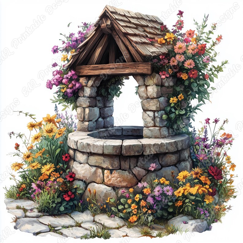 Floral Garden Well Clipart, Cottagecore Flowers Printable Images JPG ...