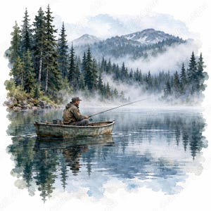 May include: A watercolor illustration of a person in a small boat fishing on a calm lake. The scene features a dense forest of tall pine trees and misty mountains in the background. The water reflects the trees and the overcast sky.