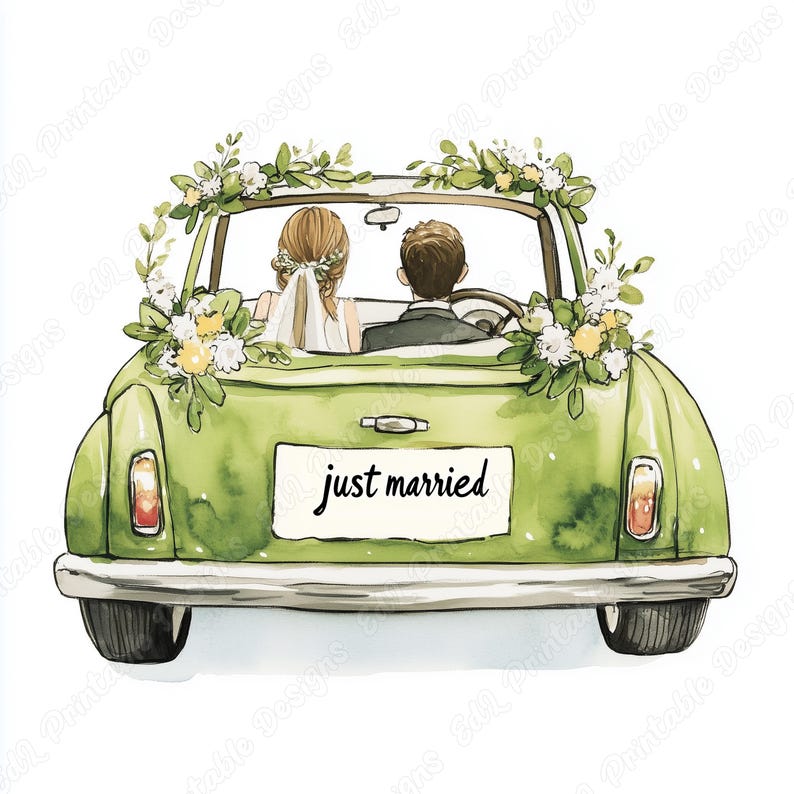 Wedding Car Clipart Set, Just Married, Bride and Groom (digital ...