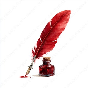 Puede incluir: Una vibrante pluma roja con una detallada punta plateada descansa junto a un pequeño tintero cuadrado lleno de tinta roja. Un pequeño charco de tinta es visible. El tintero tiene un tapón de corcho. La imagen está sobre un fondo blanco.