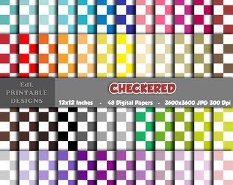 Checkered Digital Paper, Checkerboard Printable Background, Checker Grid Scrapbook Papers, 12x12 Checkers Paper, Seamless Pattern Set Of 48