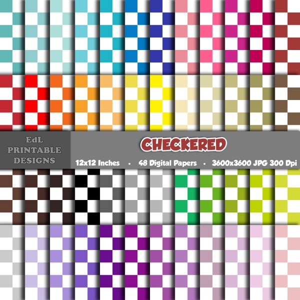 Checkered Digital Paper, Checkerboard Printable Background, Checker Grid Scrapbook Papers, 12x12 Checkers Paper, Seamless Pattern Set Of 48