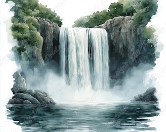 Watercolor Waterfall Clipart, Natural Landscape Images, Nature Scene Paper JPG Bundle (Digital Download)
