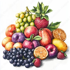 Imágenes prediseñadas de 20 pilas de frutas, imágenes imprimibles de frutas apiladas, descarga digital de frutas de verano, papel de scrapbooking de acuarela con frutas frescas (JPG)