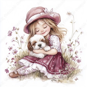 20 kleine Mädchen und Hündchen Clip Art, Hunde-Liebhaber druckbare Bild, süßes Baby Mädchen mit Welpen Digital Download, Scrapbooking Papier Handwerk JPG