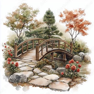 Puede incluir: Ilustración en acuarela de una escena de jardín japonés con un puente de arco de madera sobre un pequeño estanque. Rosas rojas y senderos de piedra conducen al puente, rodeado de árboles con follaje otoñal. La obra tiene un estilo suave y pictórico.