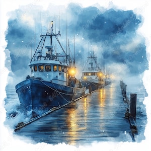 May include: Watercolor painting of fishing boats docked on a wooden pier. The boats are blue and white, with lights illuminating the decks. The sky is a mix of blue and gray, with a misty atmosphere. The water reflects the lights.