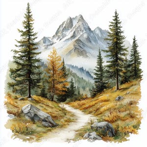 May include: A watercolour painting depicting a mountain scene with a path leading to snow-covered peaks. The image features tall evergreen trees, a golden-yellow tree, and a grassy hillside. The artwork conveys a sense of nature and peace.