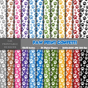 Carta digitale coriandoli stampa zampa, sfondo stampabile zampa di animale, carta per album, 12x12 colori arcobaleno senza giunture zampa di cane modello set di 24
