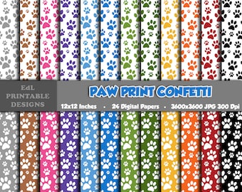 Paw Print Confetti Digital Paper, Animal Paw Printable Background, Scrapbook Papers, 12x12 Seamless Rainbow Colors Dog Paw Pattern Set Of 24