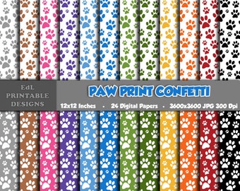 Paw Print Confetti Digital Paper, Animal Paw Printable Background, Scrapbook Papers, 12x12 Seamless Rainbow Colors Dog Paw Pattern Set Of 24