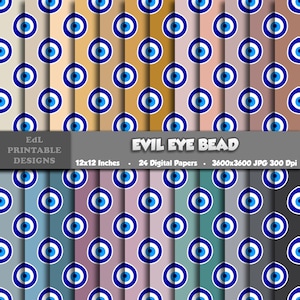 Puede incluir: 24 papeles digitales con un patrón repetido de cuentas de ojo turco azules y blancas sobre fondos de colores variados. Cada papel mide 12x12 pulgadas y 3600x3600 píxeles.