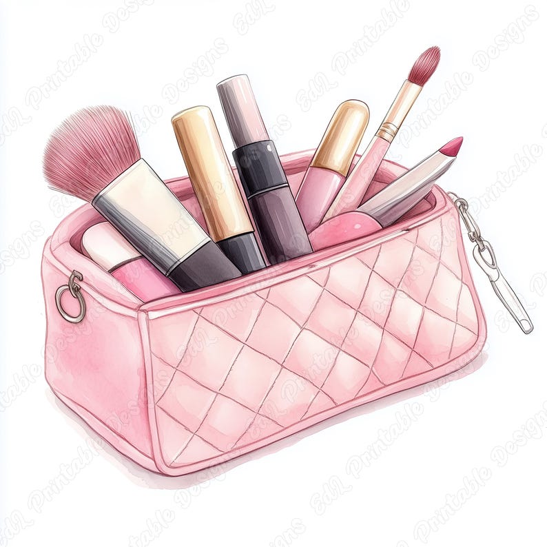 20 Quilted Cosmetic Bag Clip Art, Beauty Products Printable Images, Watercolor Makeup Bag Digital Download, Scrapbooking Paper Craft JPG Set