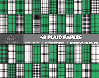 Island Green And Black White Plaid Digital Paper, Tartan Printable Background, Lumberjack Scrapbook, Gingham, Scottish Seamless Patterns Set