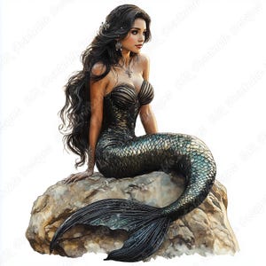 Può includere: Illustrazione digitale di una sirena con lunghi capelli neri e una coda scura e squamosa. Indossa un abito nero senza spalline ed è seduta su una roccia. L'immagine ha un tema fantasy.