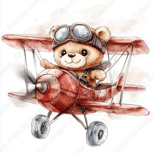 20 Pilot Teddy Bear Clip Art, Watercolor Aviator Bear Printable Image, Digital Download, Baby Boy And Girl Scrapbooking Paper Crafts JPG Set