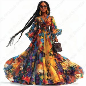 Könnte beinhalten: Digitale Illustration einer Frau in einem farbenfrohen Kleid mit Blumenmuster, langen Ärmeln und einem fließenden Rock. Sie hat lange schwarze Zöpfe, eine Brille und goldene Ohrringe. Sie trägt eine braune Handtasche.