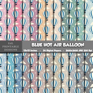 Blue Hot Air Balloon Digital Paper, Nursery Printable Background, Baby Boy Shower Scrapbook, 12x12 Clouds Papers, Seamless Pattern Set Of 24