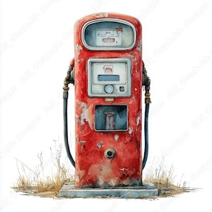 Può includere: Un'antica pompa di benzina rossa dall'aspetto usurato. La pompa presenta un pannello di visualizzazione, un ugello e un tubo. La pompa è posta su una base di cemento con erba secca intorno. L'immagine ha un effetto acquerello.