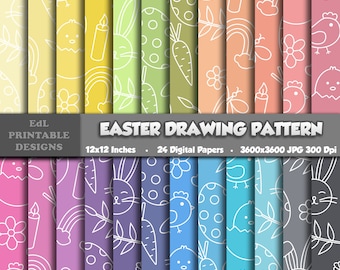 Easter Drawing Pattern Digital Paper, Cute Happy Easter Egg Printable Doodle Background, Bunny Sketch Scrapbook Papers, Seamless Basic Paper