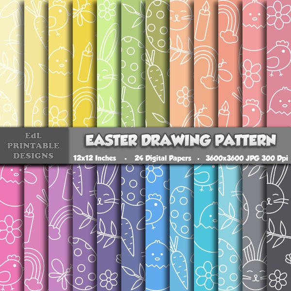 Easter Drawing Pattern Digital Paper, Cute Happy Easter Egg Printable Doodle Background, Bunny Sketch Scrapbook Papers, Seamless Basic Paper