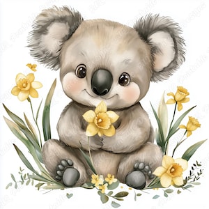 20 Clip Art di Koala ad acquerello, Immagini stampabili di Koala felice, Download digitale di animali carini, Set di JPG di carta per scrapbooking floreale di Koala