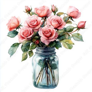 Puede incluir: Un ramo de rosas rosas en un tarro de vidrio transparente. Las rosas están dispuestas en un jarrón con hojas y tallos verdes.