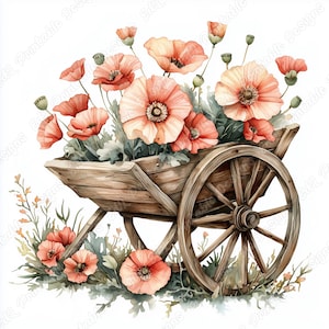 20 images clipart brouette en bois avec fleurs, brouette de jardin rustique, téléchargement numérique, créations JPG en papier pour scrapbooking