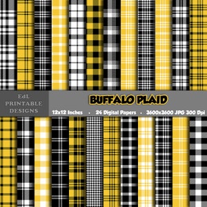 Gelb, Schwarz, Weiß Farben Buffalo Plaid Digitale Papiere, Printable Tartan Sammelalbum, Schottischer Hintergrund, Nahtloses Flanell Gingham Muster
