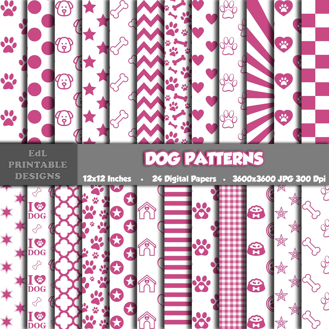 Pink Puppy Dog Digital Paper, Animal Prints, Pet Paw and Bones Pattern ...