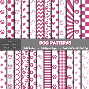Carta digitale con motivi per cani bianchi e rosa, sfondo con stampe di animali, tema cucciolo stampabile, documenti per album di animali domestici, ossa di zampe di cane senza soluzione di continuità