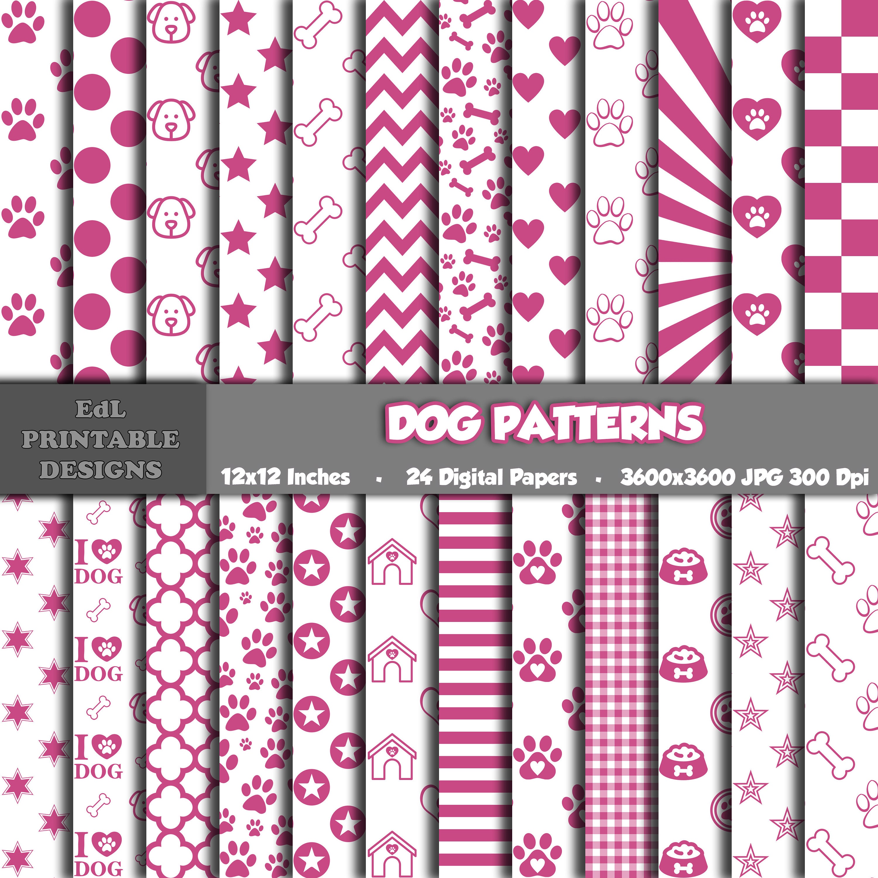 White And Pink Dog Patterns Digital Paper, Animal Prints Background, Printable Puppy Theme, Pets Scrapbook Papers, Seamless Dog Paw Bones