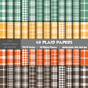 May include: 48 digital plaid papers in green, yellow, orange, and brown color schemes. Each paper is 12x12 inches and 3600x3600 pixels, 300 dpi.
