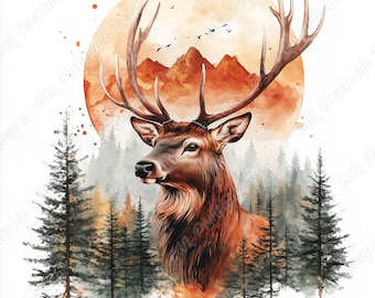 Clipart de ciervo en acuarela, ciervo en el bosque, scrapbooking de animales, papel, JPG (descarga digital)