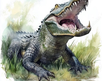 Watercolor Alligator Clip Art, Reptile Scrapbook Paper (JPG Bundle)