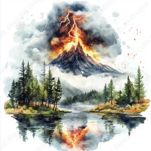 20 Watercolor Volcano Clip Art, Volcano Landscape Printable Images, Watercolor Volcano Digital Download, Scrapbooking Paper Craft JPG Bundle