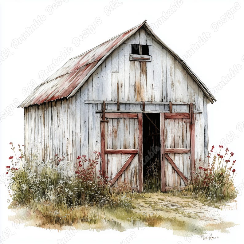 Shabby Chic Barn Clip Art, Rustic Watercolor Farmhouse (digital ...