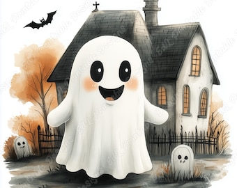 Watercolor Halloween Ghost Clipart, Spooky Scrapbook Paper Crafts JPG Set (Digital Download)